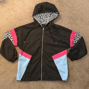 Women's Colorblock Windbreaker with Leopard, Pink, and Blue Accents